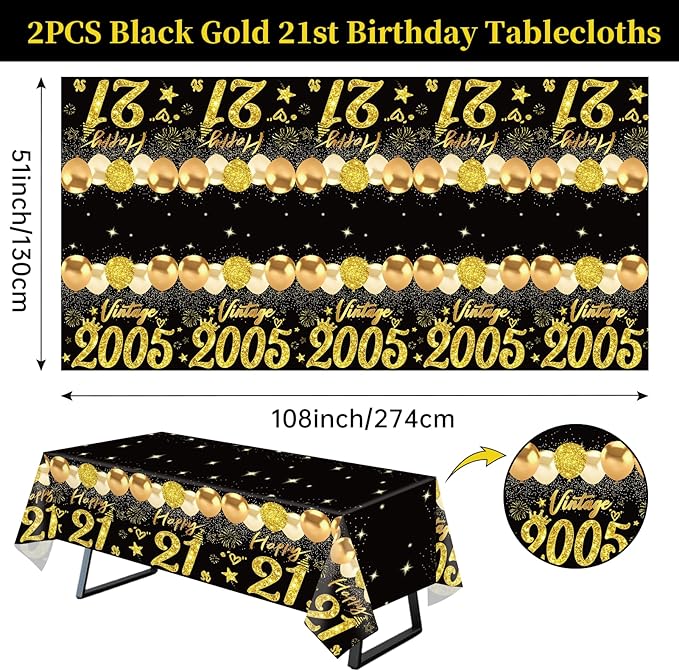 Uiorgui 2pcs 21st Birthday Tablecloth, Black Gold 21st Birthday