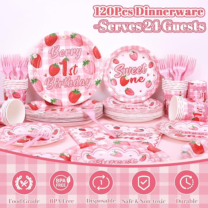 REDWORD Berry First Birthday Decor 120Pcs Strawberry 1st Birthday