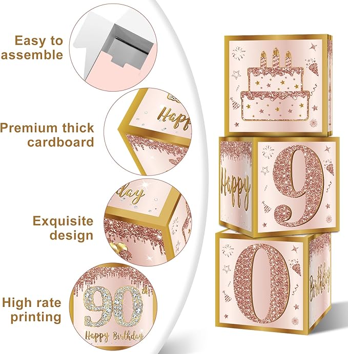 3Pcs 90th Birthday Decorations Boxes for Women Pink Rose Gold 90th