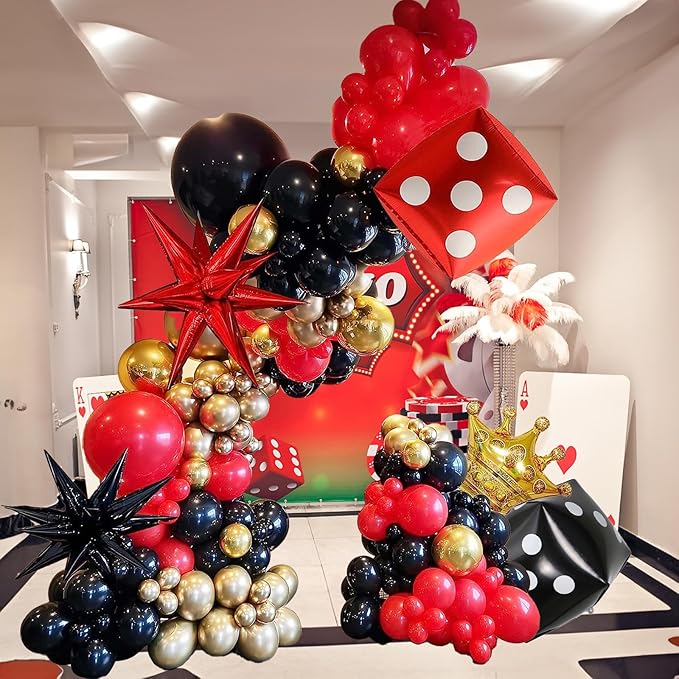 Casino Theme Balloon Arch Kit 104 Pcs Red Black and Gold Metallic