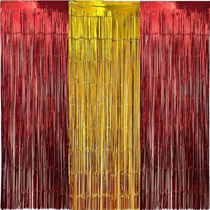 3 Packs Red Gold Foil Fringe Curtains Extra Wide 9.9ft for Birthday
