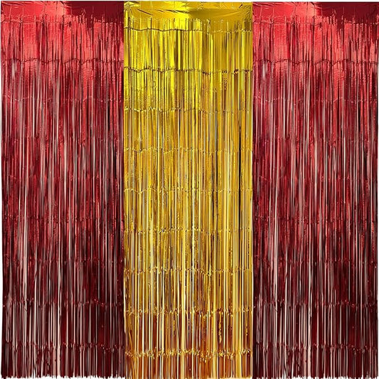 3 Packs Red Gold Foil Fringe Curtains Extra Wide 9.9ft for Birthday