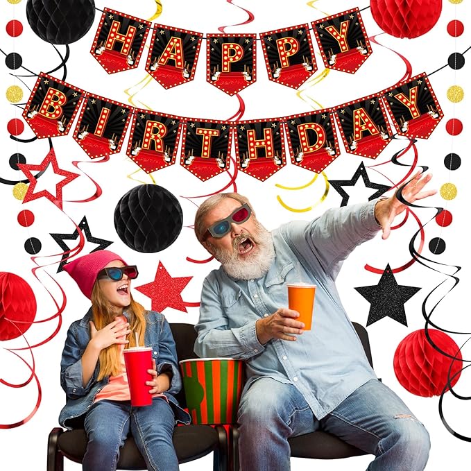 24 Pcs Movie Night Theme Happy Birthday Banner Decorations Movie