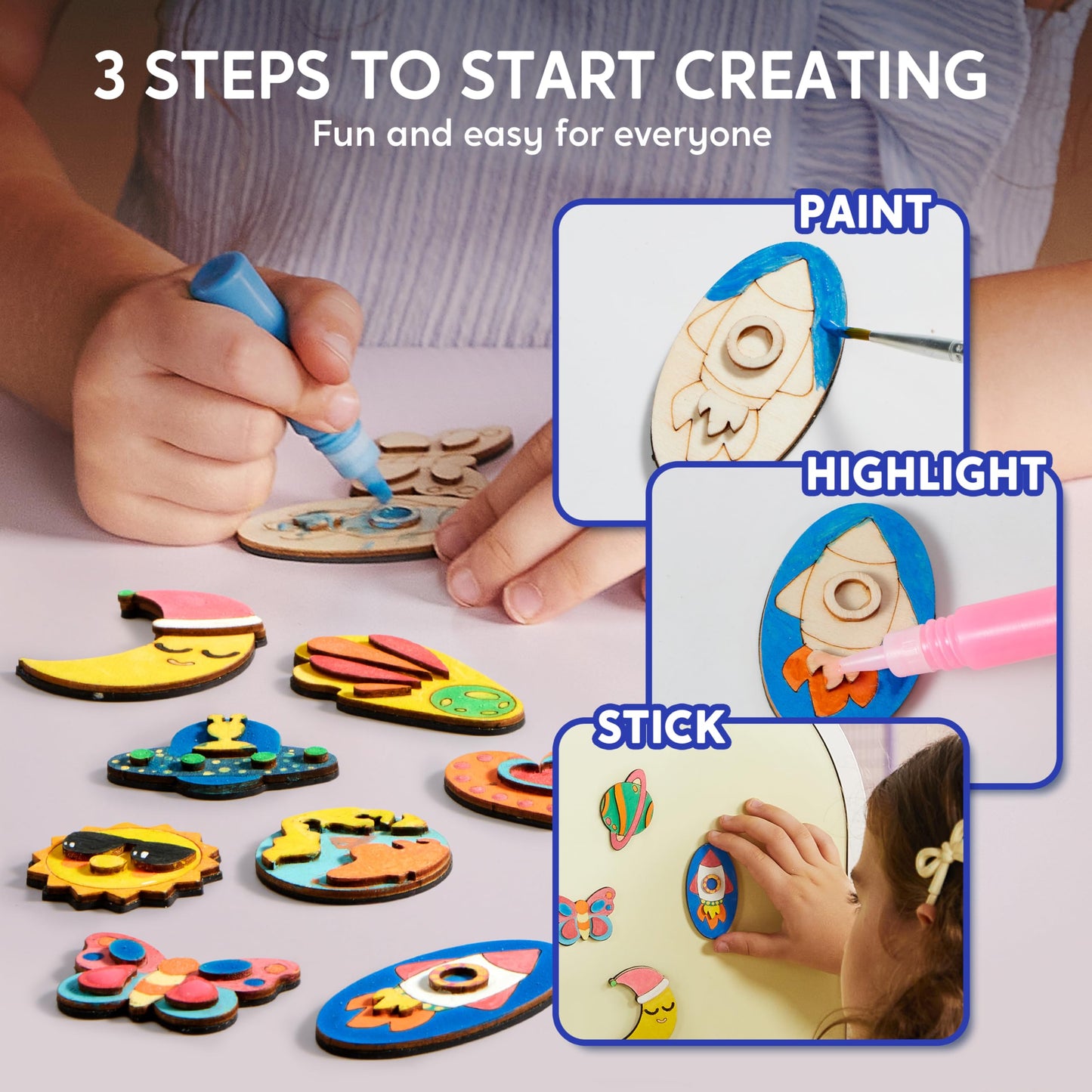 JOYIN 12 Glow in The Dark Wooden Magnets for Kids, Paint Your Own Arts