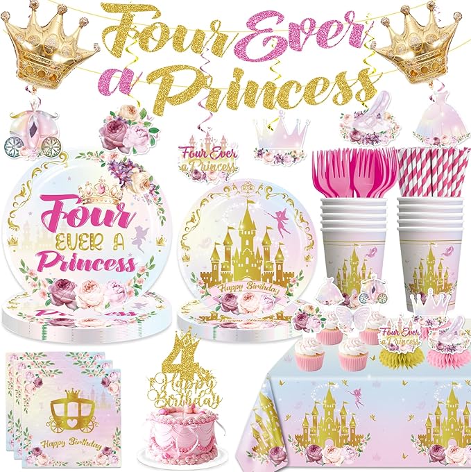 Xynic 201Pcs Four Ever a Princess Birthday Decorations Tableware Set