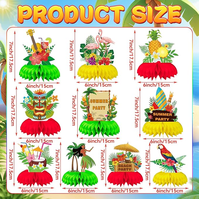 10 Pieces Hawaiian Luau Honeycomb Table Centerpiece, Hawaiian Themed