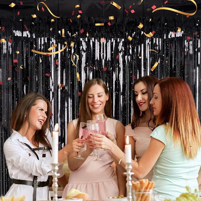 2 Pack 3.2ft x 8.2ft Black Tinsel Foil Fringe Curtain, Sparkle