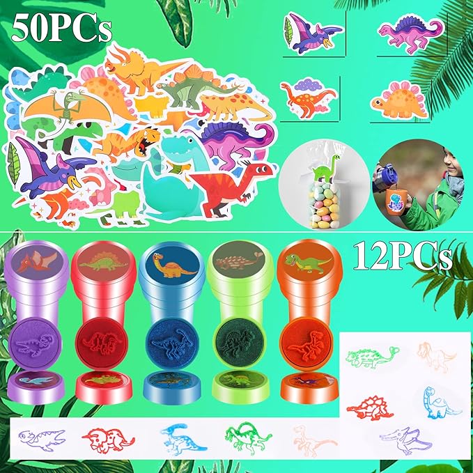 132Pcs Dinosaur Party Favors Dinosaur Rings Slap Bracelets Tattoos