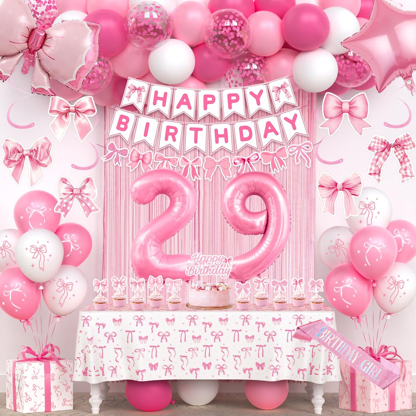29th Pink Birthday Decorations for Women, Pink Bow Coquette Birthday