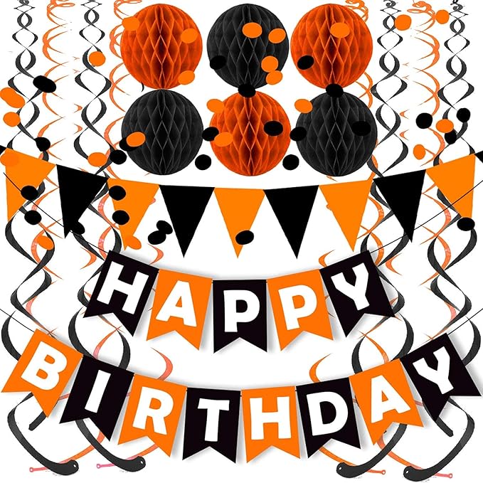 Fecedy Black Orange Happy Birthday Banner Paper Triangle Flag Bunting