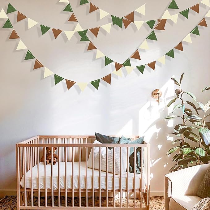 Jungle Party Decoration Sage Green Brown Beige Felt Hanging Triangle