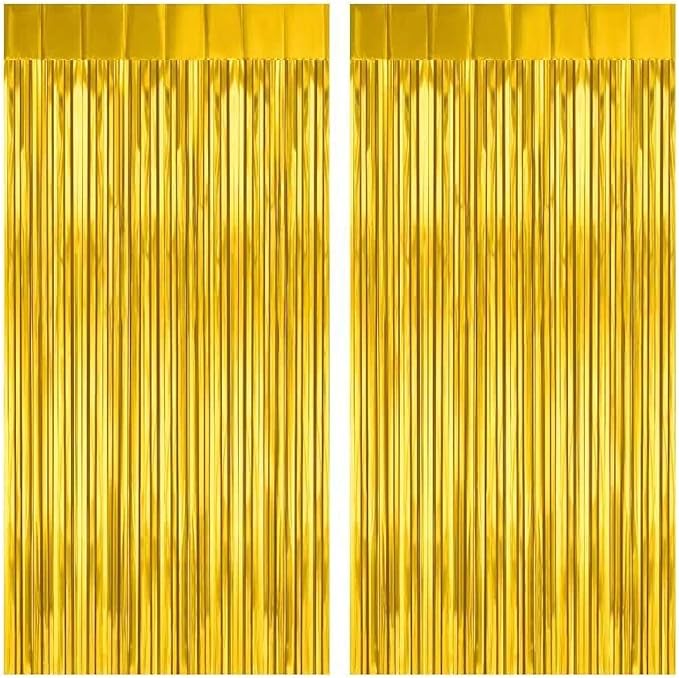 2 Pack Gold Fringe Curtain Backdrop, 3.2Ft x 8.2Ft Metallic Photo