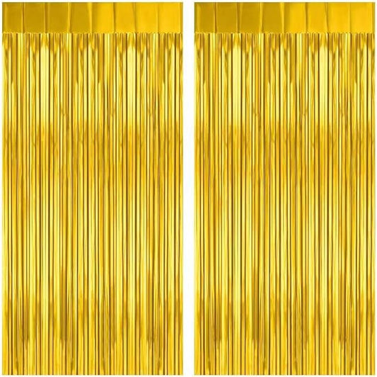 2 Pack Gold Fringe Curtain Backdrop, 3.2Ft x 8.2Ft Metallic Photo