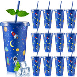 Chuangdi 12 Pcs Space Party Plastic Cups with Lid and Straw 24 oz