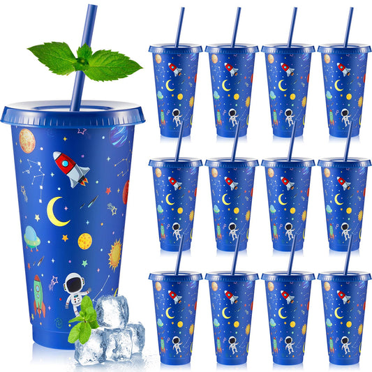 Chuangdi 12 Pcs Space Party Plastic Cups with Lid and Straw 24 oz