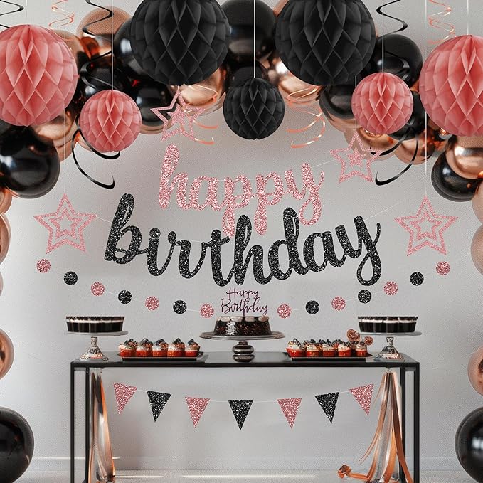 Rose Gold and Black Birthday Party Decorations Set Happy Birthday