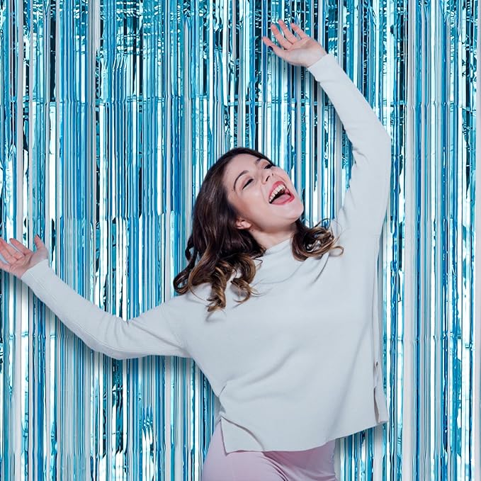 Voircoloria 3 Pack 3.3x8.2 Feet Light Blue Foil Fringe Backdrop