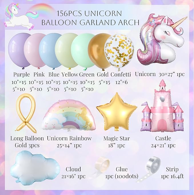 Pastel Unicorn Balloon Arch Kit 156pcs Macaron Rainbow Balloons with