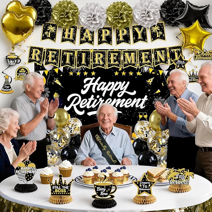 Retirement Party Decorations, Black Gold Happy Retirement Decorations