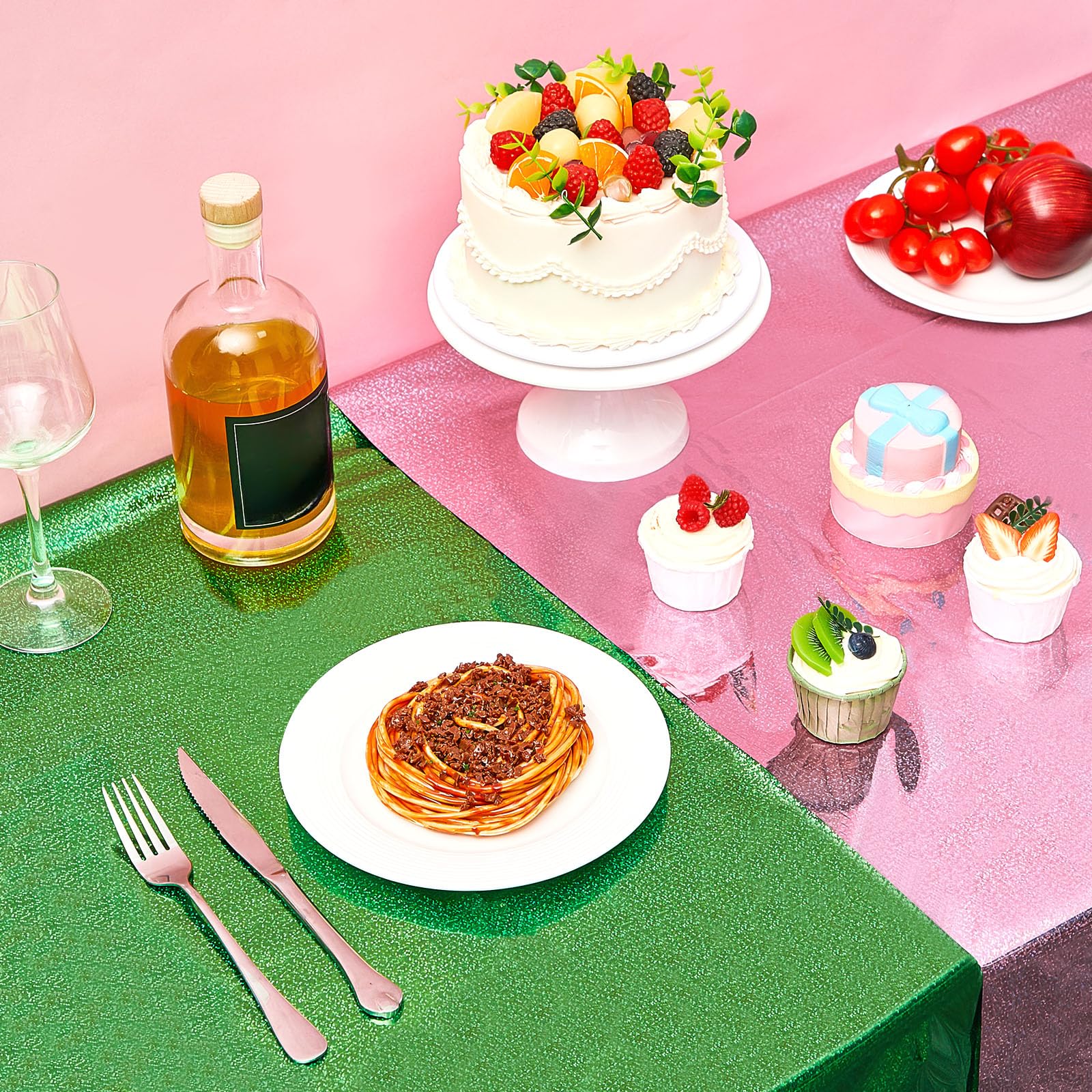 LOYIM 2 Pcs Iridescent Pink & Green Holographic Tablecloth for