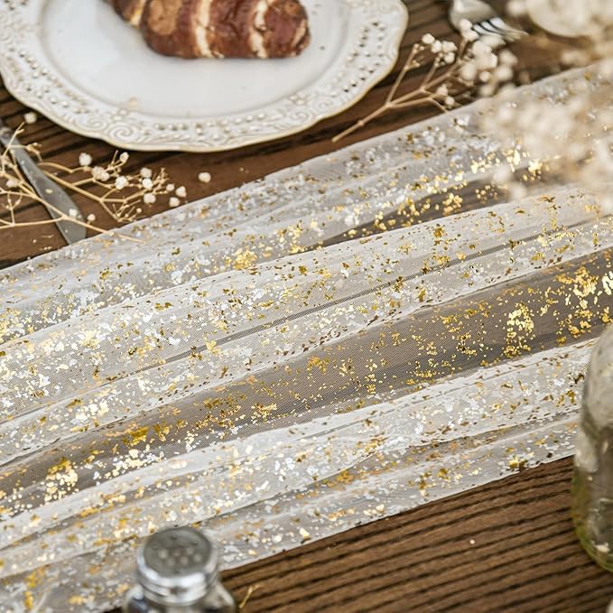 Artoid Mode Beige Gold Gauze Table Runner 120 Inch 10Pcs, Glitter