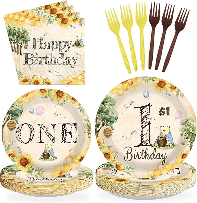 96Pcs Classic Bear 1st Birthday Decorations Watercolor Bear Plates