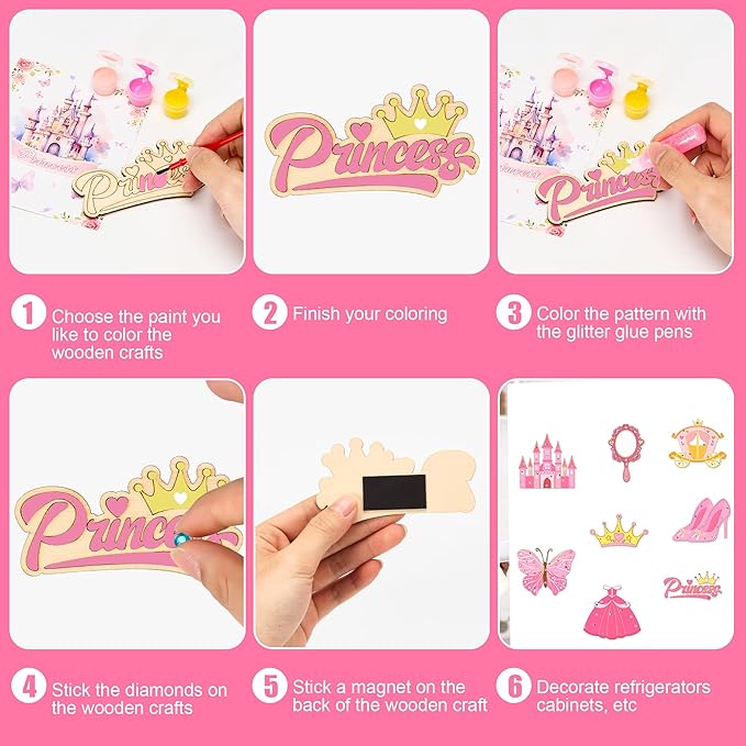 24 Sets Princess Party Favors DIY Wooden Painting Crafts Kit with