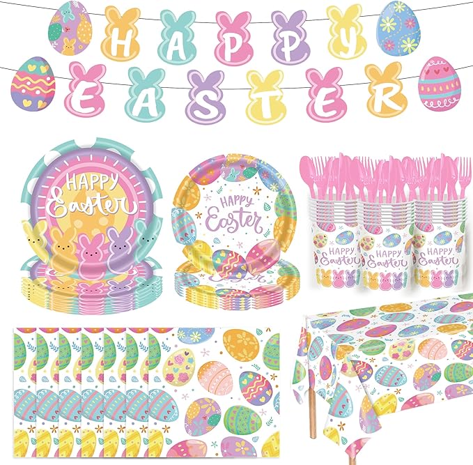52 Pcs Easter Party Supplies Easter Party Decoration with Happy