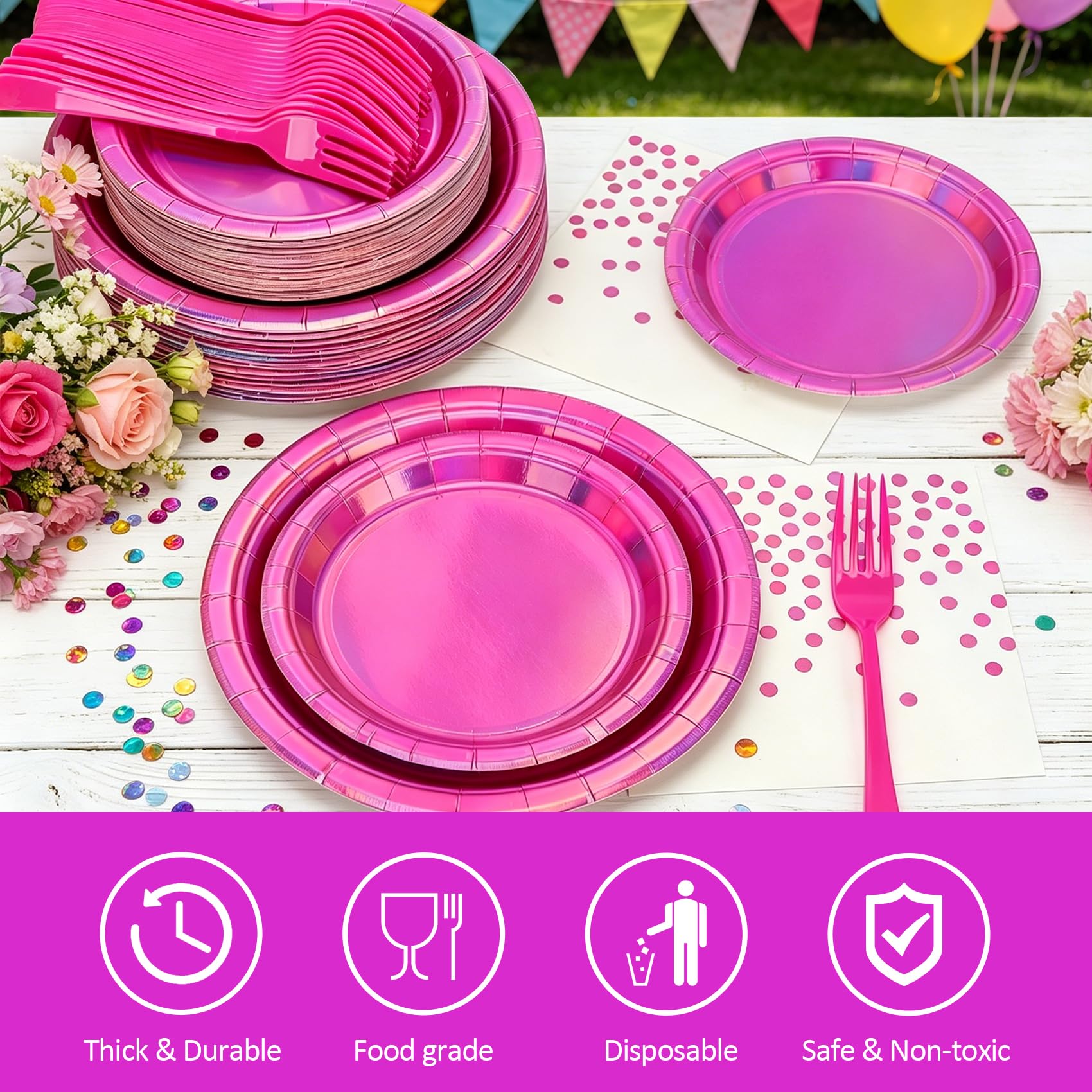 Iridescent Pink Paper Plates and Napkins, 200pcs Holographic Party