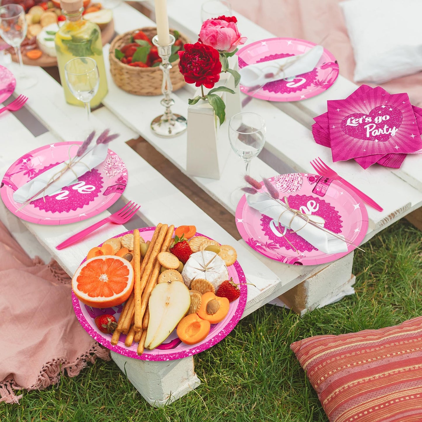 durony 96 Pieces Let's Go Party Supplies Serve 24 Guests Hot Pink