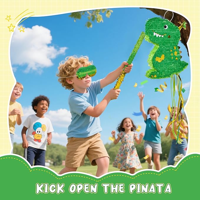 Small Dinosaur Pinata T Rex Green Gold with a Blindfold a Bat and