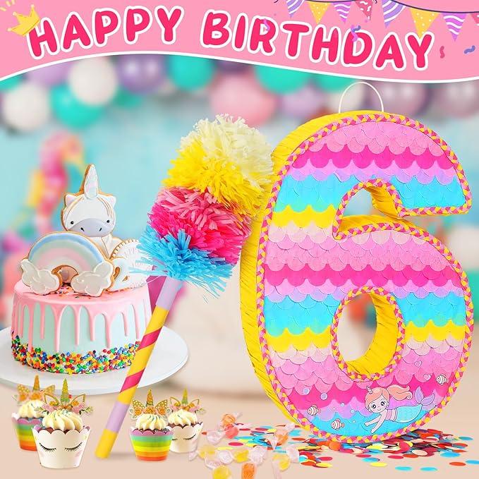 Number 6 Pinata for Birthday Party Decorations Unicorn Mermaid Theme