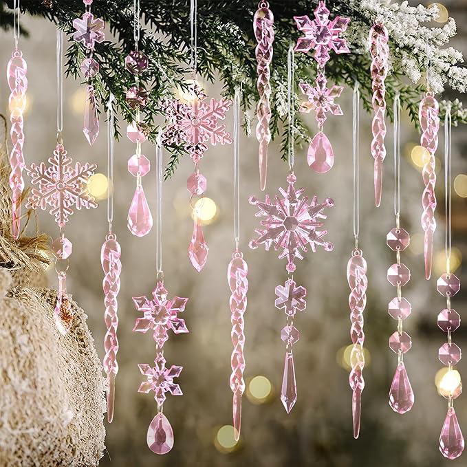 18pcs Crystal Christmas Ornaments for Christmas Tree Decorations-Pink