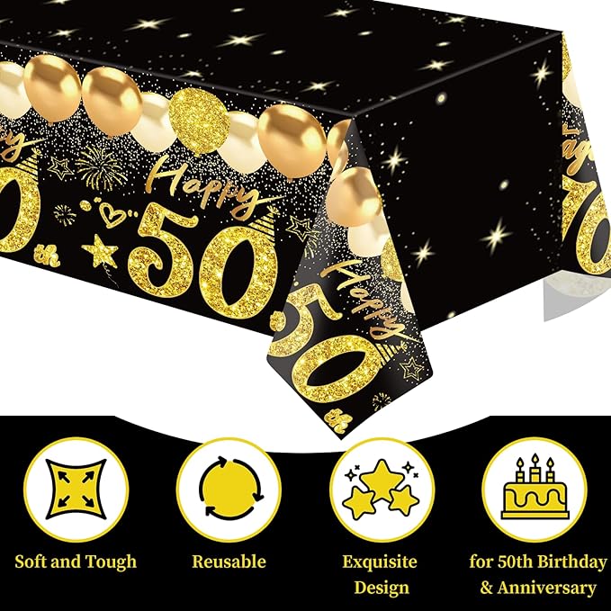 Uiorgui 2pcs 50th Birthday Tablecloth, Black Gold 50th Birthday