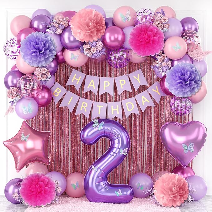 Pink Purple 2nd Birthday Party Decorations for Girls Number 2