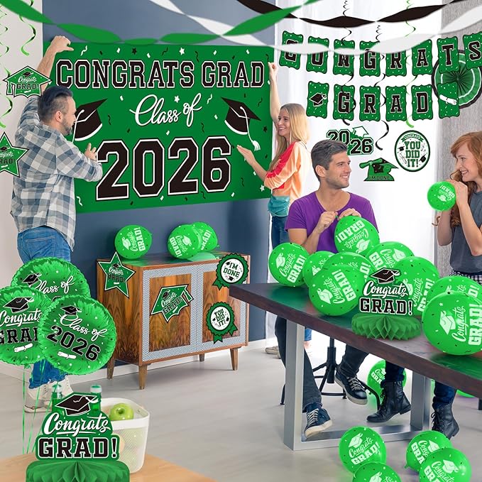 Green Themed 2026 Graduation Decorations Set - Congrats Grad Banner,