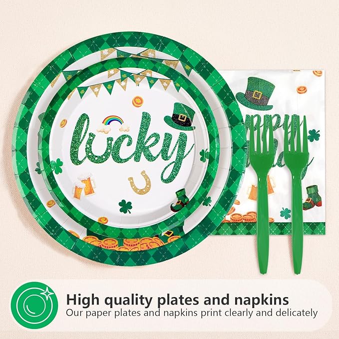 96Pcs St Patrick's Day Party Supplies Green Shamrock Plates and