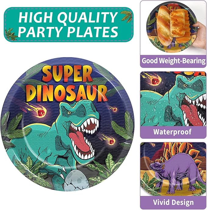 96 Pcs Super Dinosaur Plates and Napkins for Dinosaur Birthday Party