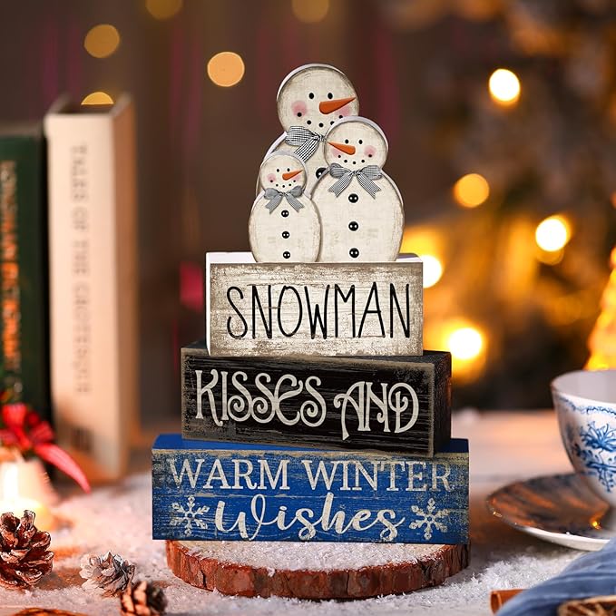 4 Pcs Winter Table Decor Wooden Snowman Decorations Winter Tiered