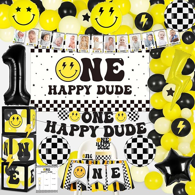 One Happy Dude 1st Birthday Decorations for Boy Smile Face Balloons