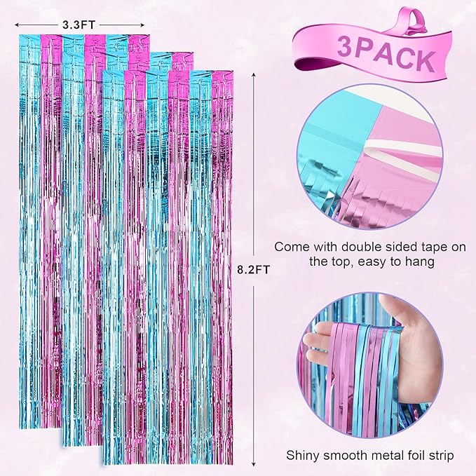 Voircoloria 3 Pack 3.3x8.2 Feet Blue and Pink Foil Fringe Backdrop