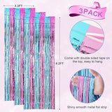 Voircoloria 3 Pack 3.3x8.2 Feet Blue and Pink Foil Fringe Backdrop