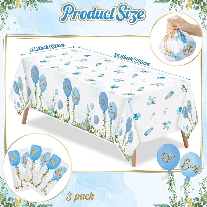 Baby Shower Party Tablecloths 3Pcs Watercolor Blue Birthday Party