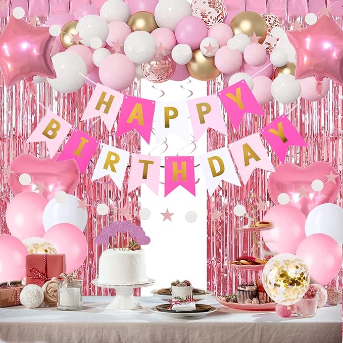 Pink Gold Birthday Party Decorations, Happy Birthday Banner, Pink