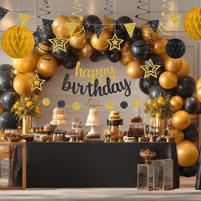 Black and Gold Birthday Party Decorations Set - Happy Birthday Banner