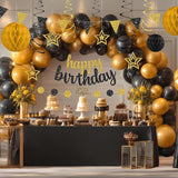 Black and Gold Birthday Party Decorations Set - Happy Birthday Banner