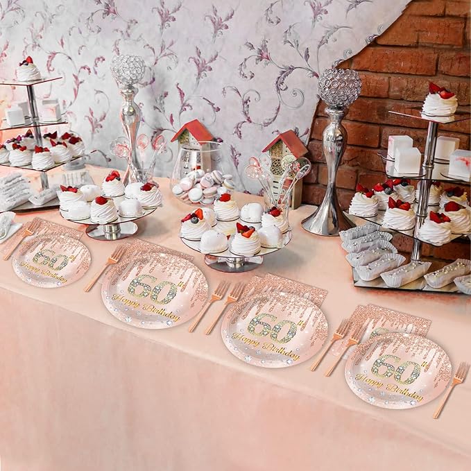 96 Pieces 60th Birthday Party Tableware Set for Pink Rose Gold 60th