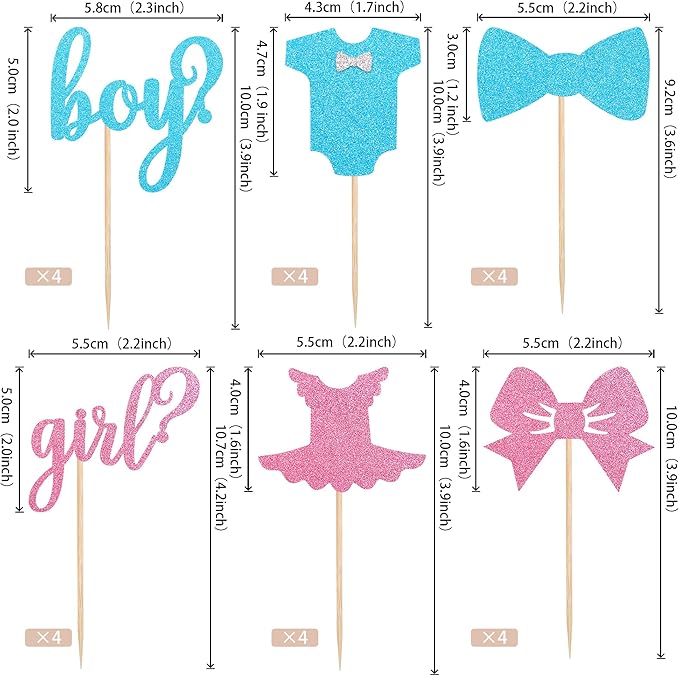 24 Pack Boy or Girl Cupcake Toppers Pink and Blue Glitter Baby