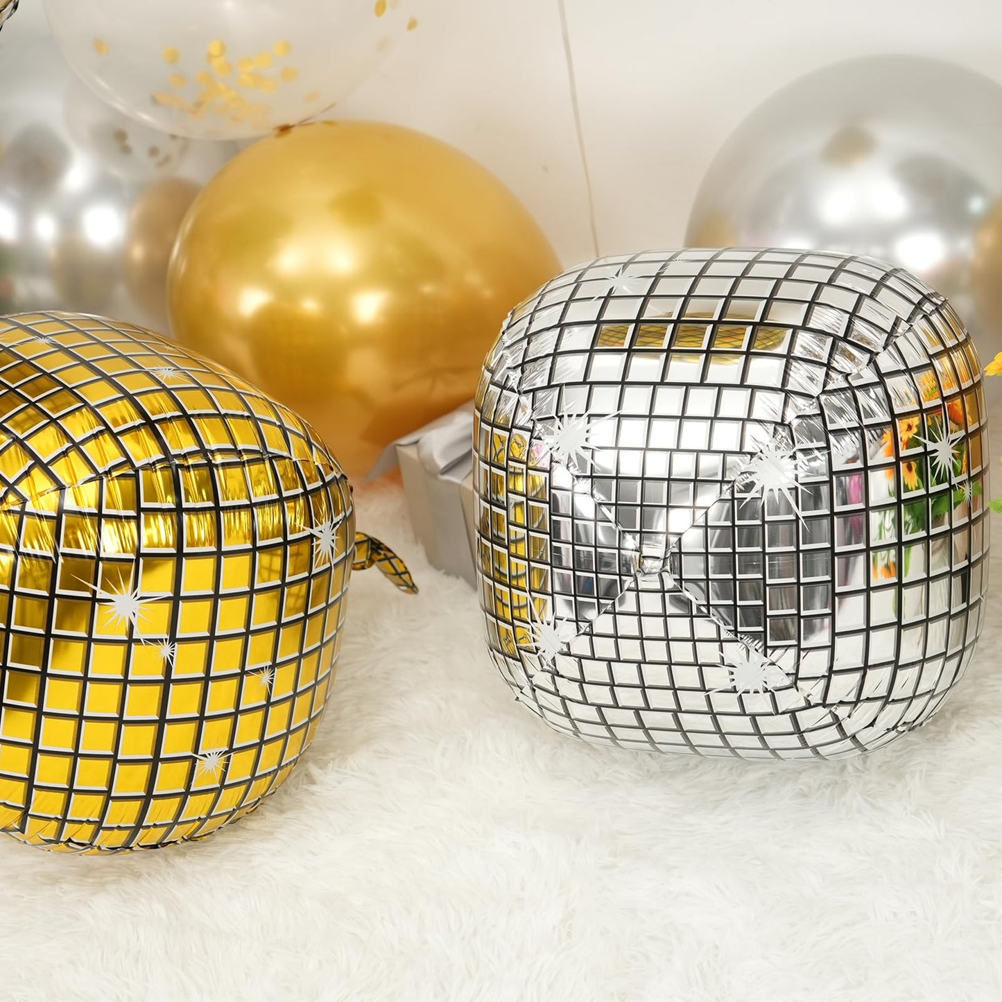 Disco Ball Balloons Gold Silver 4PC,Foil Disco Balloons 22 Inch 4D