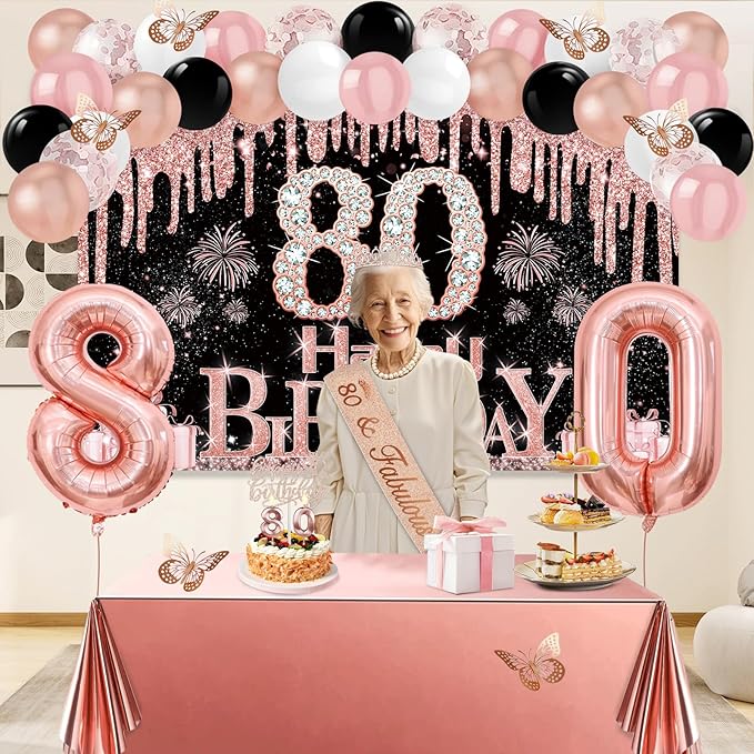 80th Birthday Decorations for Women 49pcs Black Rose Gold Black